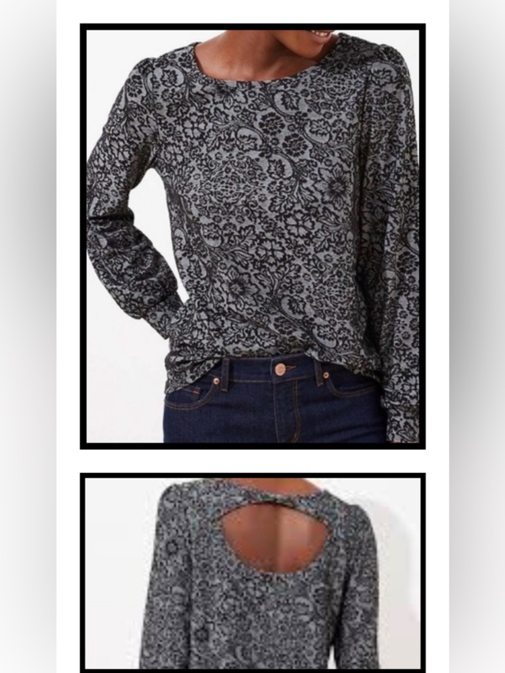 LOFT Black & Gray Floral Jacquard Back Cut Out Long Sleeve Top Size Large